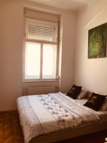 a bedroom with a bed and a window at Old Citycenter Appartment in Graz