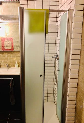 a shower with a glass door in a bathroom at Les chambres atypiques de Nico Bush - Parking sécurisé vélos in Tournai