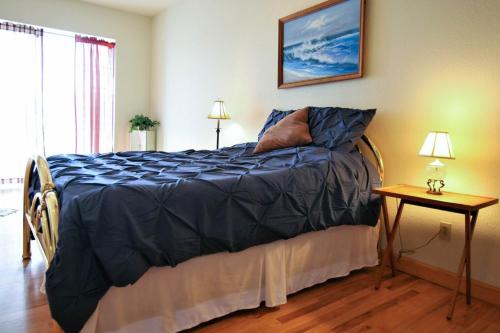 a bed with a blue comforter in a bedroom at Marina Vista in Penn Yan