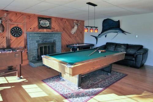 a living room with a pool table and a fireplace at Marina Vista in Penn Yan