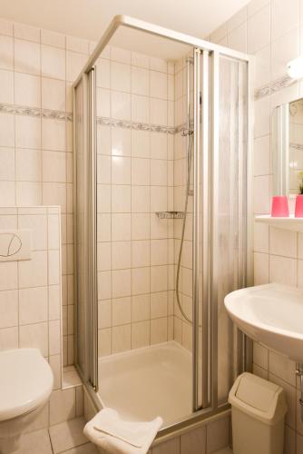 a bathroom with a shower and a toilet and a sink at Gasthof Kolb in Bayreuth