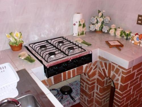 a kitchen with a brick oven with a stove top at Hotel Casa de la Luna in San Juan Teotihuacán