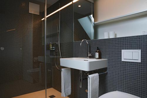 ein Bad mit einem Waschbecken und einer Dusche in der Unterkunft Hotel Dom in St. Gallen