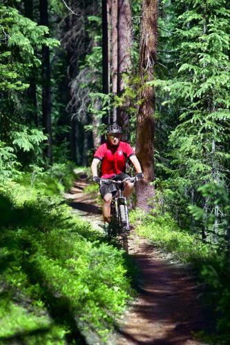 a man riding a bike on a trail in the woods at Holiday Inn Express Hotel & Suites Fraser Winter Park Area by IHG in Fraser