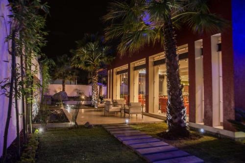 un patio con palmeras y un edificio por la noche en Holiday Inn Express Guadalajara Aeropuerto, an IHG Hotel, en Guadalajara