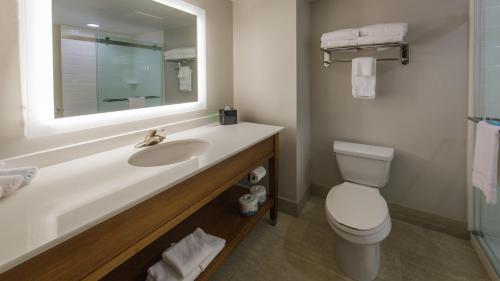 a bathroom with a sink and a toilet and a mirror at Holiday Inn Express Gatlinburg Downtown by IHG in Gatlinburg