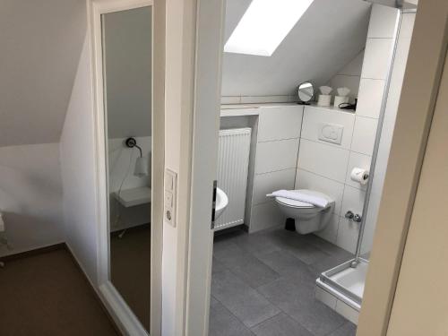 een kleine badkamer met een toilet en een wastafel bij NOX - Bed & Breakfast in Steinheim