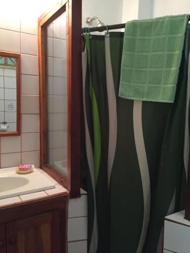 a bathroom with a shower curtain and a sink at Alibaba‘s Seabreeze in Castara