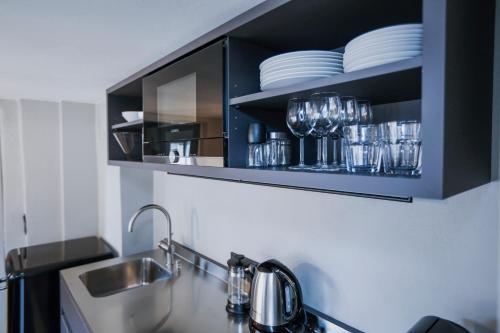 a kitchen with a sink and glasses on a shelf at MINA Stadtwohnung im Jüdischen Viertel in Hohenems