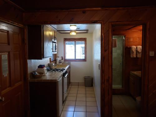 uma cozinha com um lavatório e um fogão forno superior em Big Bear Frontier em Big Bear Lake