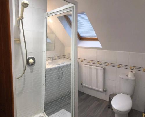 uma casa de banho com um chuveiro, um WC e um lavatório. em The Loft em Congleton