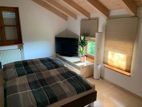 a bedroom with a bed and a flat screen tv at Alpenblick Nahe München mit Outdoor Whirlpool - 21 Min von München mit Zug in Aßling