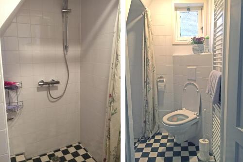 - deux photos d'une salle de bains avec toilettes et douche dans l'établissement Onze Logeerkamer, à Deil