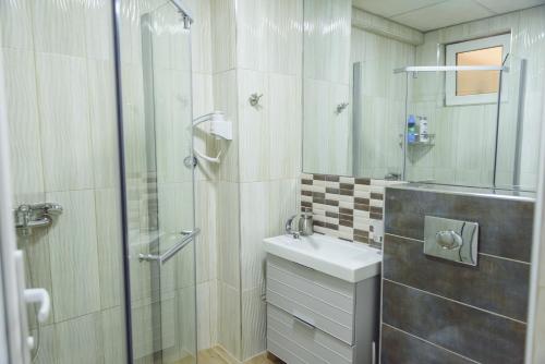 uma casa de banho com um lavatório e uma cabina de duche em vidro. em City Center Studio em Strumica