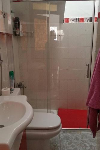a bathroom with a shower and a toilet and a sink at Charming Oceanfront House in Puerto de Mogn, Gran Canaria in Puerto de Mogán