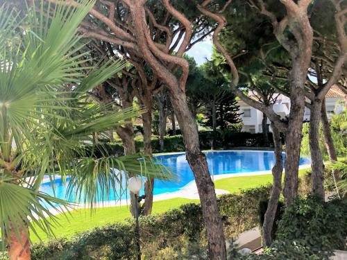 a swimming pool surrounded by trees and bushes at Apartamento Zinna in Chiclana de la Frontera