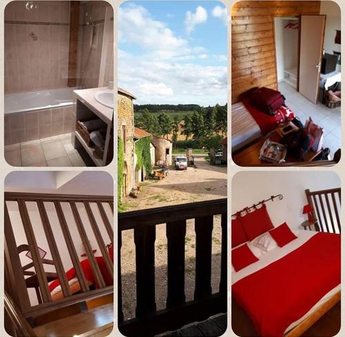 a collage of four pictures with a bed and a balcony at Chambres d'hôtes Les Templiers in Rugney