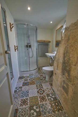 a bathroom with a shower and a toilet and a sink at Magic in the Heart of Old Gozo (Penthouse) in Victoria