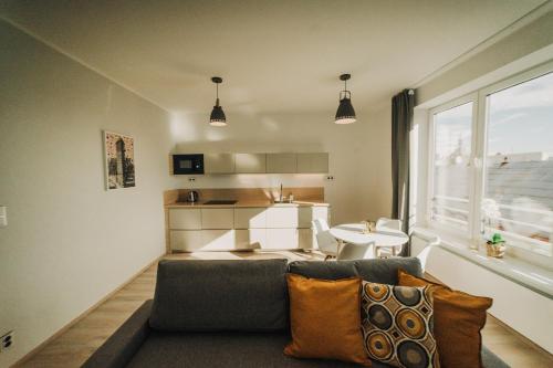 ein Wohnzimmer mit einem Sofa und einer Küche in der Unterkunft New equipped apartment in the city center in Pilsen
