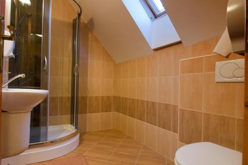 a bathroom with a shower and a sink at PENZIONHARMONIA eu in Lendak