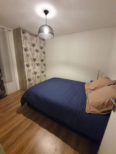 a bedroom with a blue bed in the corner of a room at CHARMANT PETIT F1 in Tain-lʼHermitage