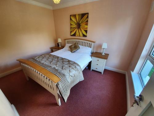 a bedroom with a bed and a table and a window at Wolseley Park guest house in Tullow