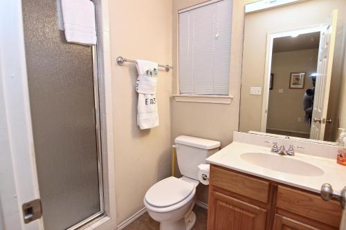ein Badezimmer mit Toilette, Waschbecken und Dusche in der Unterkunft Good Night Sleep Tight in New Braunfels