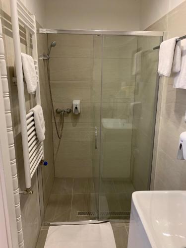 a shower with a glass door in a bathroom at W19 Apartments in Miskolc