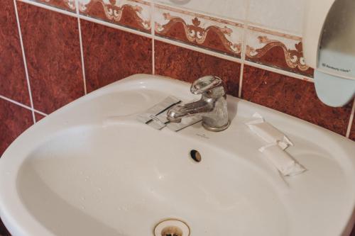 a white bathroom sink with a silver faucet at Турянська долина in Perechin