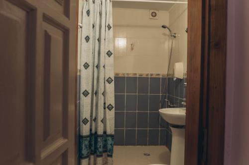 a bathroom with a toilet and a shower curtain at Турянська долина in Perechin