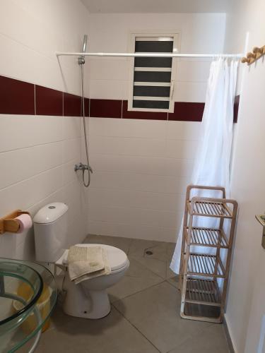 La salle de bains est pourvue de toilettes et d'une fenêtre. dans l'établissement STUDIO LE PHARE, à Terre-de-Haut