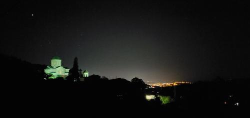 a building lit up at night with a city in the background at Villa Gelati in Kutaisi