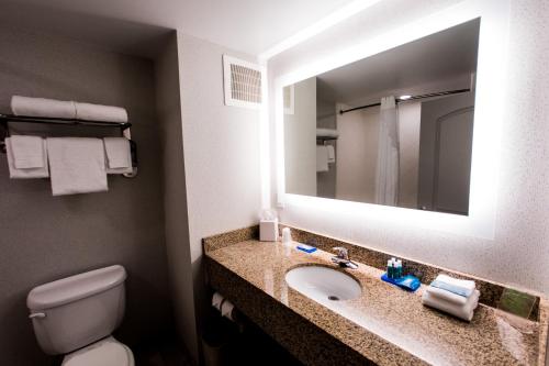 a bathroom with a toilet and a sink with a mirror at Holiday Inn Express Dayton, an IHG Hotel in Dayton