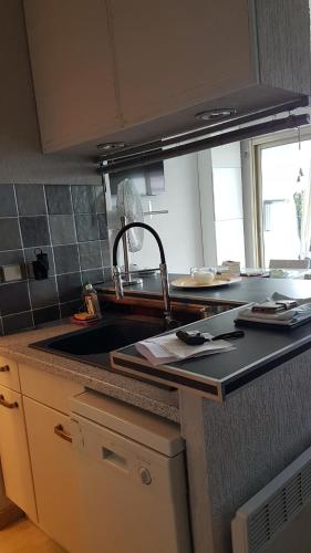 a kitchen counter with a sink and a sink at Lovely apartment in Marina Baie des Anges- Baronnet - Sew view, free parking spaces on site, restaurants, beach, supermarket in Villeneuve-Loubet