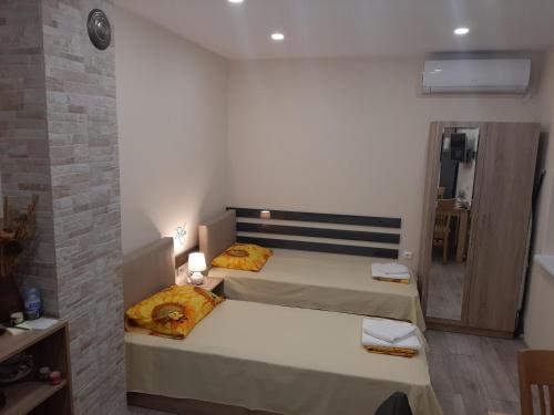 two beds in a small room with a mirror at Apartment RELAX in Ruse