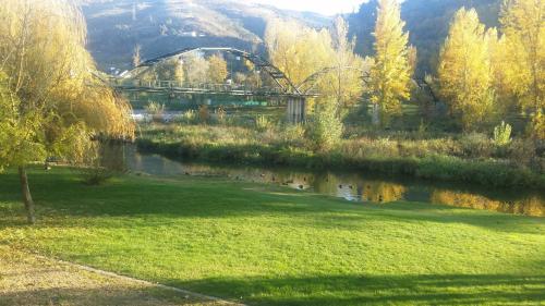 a river with a bridge in the background with trees at Hotel Malecon in O Barco de Valdeorras