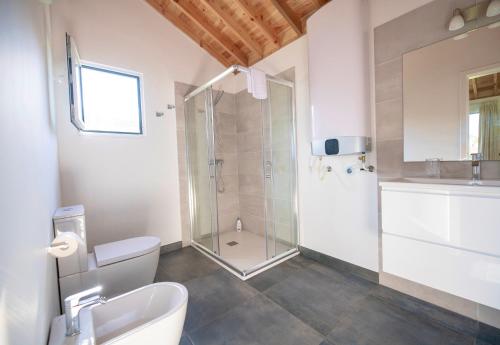 a bathroom with a shower and a toilet and a sink at Azores Casa Hawaii in Nordeste