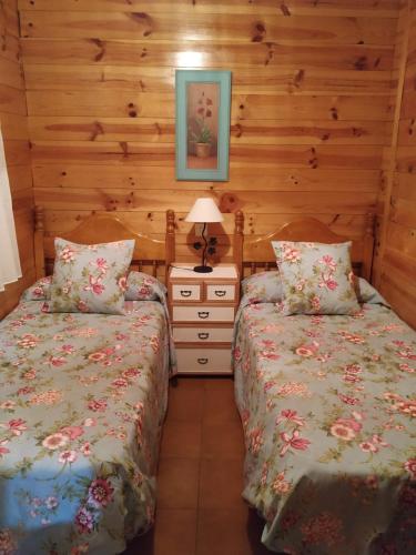 two beds in a room with wooden walls at El Rincón de María. in Riópar