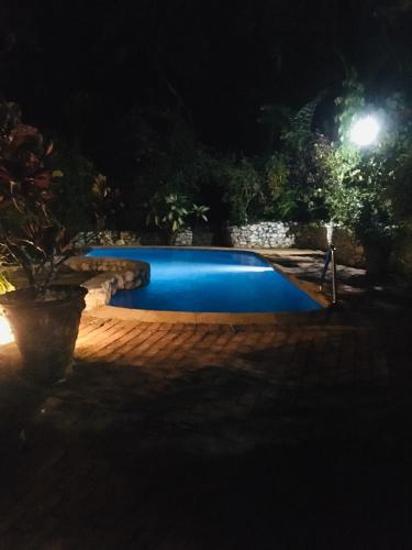 a blue swimming pool at night with a light at Whispering House in Tangalle