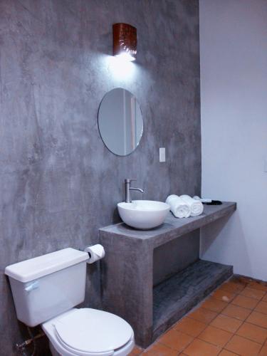 a bathroom with a sink and a toilet and a mirror at Hostel Hospedarte Centro in Guadalajara