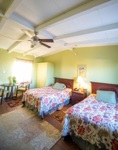 a bedroom with two beds and a ceiling fan at Harmony Motel in Twentynine Palms