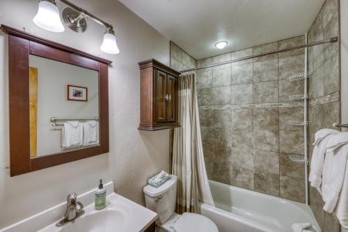 a bathroom with a shower and a toilet and a sink at Ore House 8 in Frisco