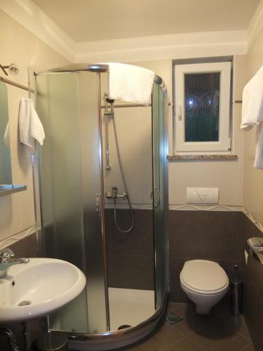 a bathroom with a shower and a toilet and a sink at Guesthouse Villa AnnaDora in Brseč