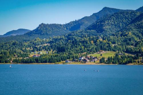 a large body of water with mountains in the background at Aqualina Colibita - pe malul lacului in Colibiţa