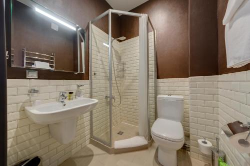 W łazience znajduje się toaleta, umywalka i prysznic. w obiekcie Mary Hotel w Petersburgu