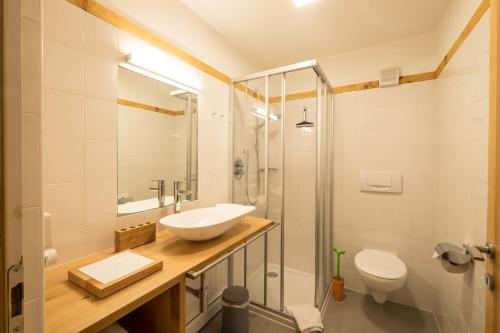 łazienka z umywalką i toaletą w obiekcie Art Apartment Schatzer w mieście Funes