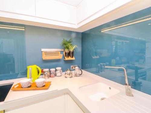 a bathroom with blue walls and a sink at 2 St Marys Close in Barnard Castle