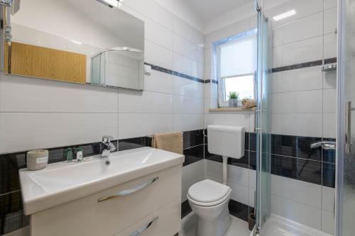 a bathroom with a toilet and a sink and a shower at House Casetta Filip in Krnica