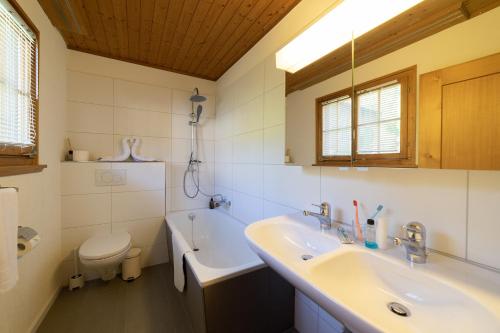 a white bathroom with a sink and a toilet at Schwendiblick in Wildhaus