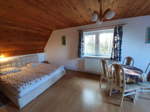 1 dormitorio con cama, mesa y ventana en Zielony domek, en Krasnobród
